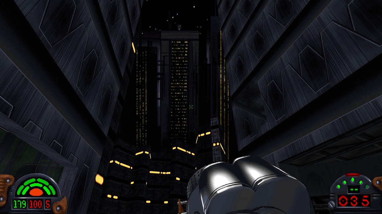 Dark Forces screenshot, featuring the player looking up. The walls are a little bit warped.