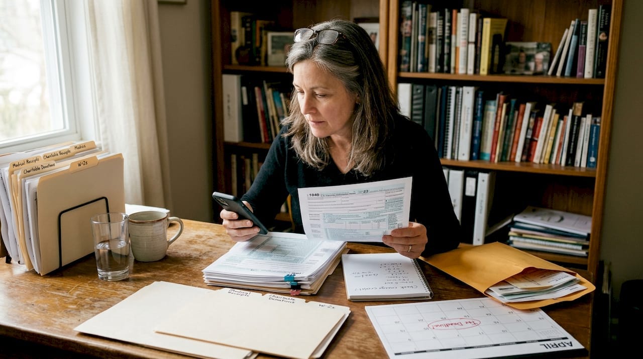 Woman organizes property tax documents at desk