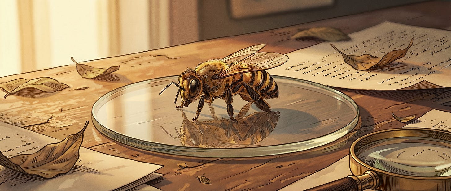 In late afternoon, a bee is examined on a glass plate on a table.