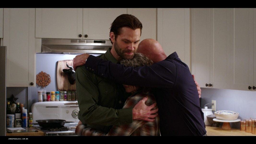 Jared Padalecki hugging abby and bonham Mitch Pileggi hard on Walker set 3.16., Jared Padalecki hugging abby and bonham Mitch Pileggi hard on Walker set 3.16.,