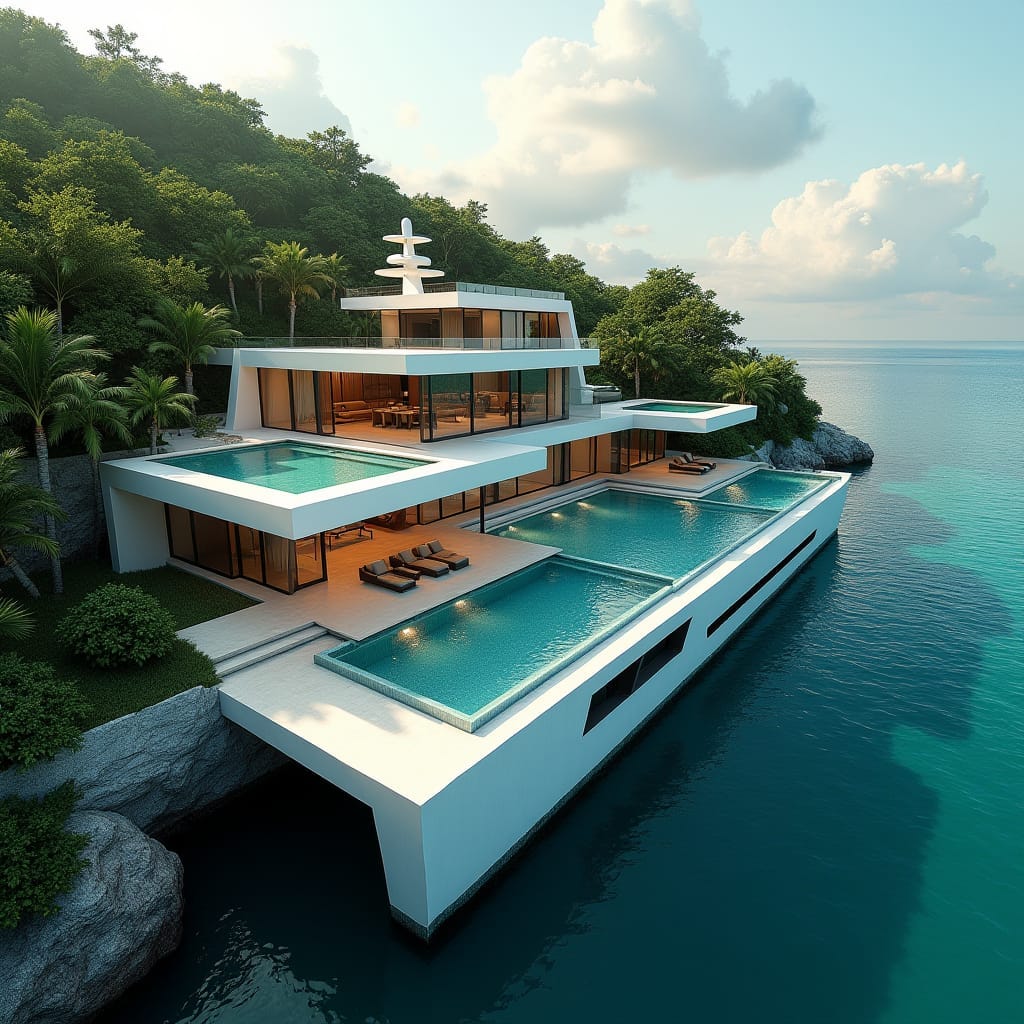 A majestic, modern Jamaican mansion shaped like a luxury yacht, with sleek, triangular lines and expansive openings, featuring large windows that seamlessly blend indoor and outdoor spaces, surrounded by multiple infinity pools that cascade down to the lush, tropical landscape.