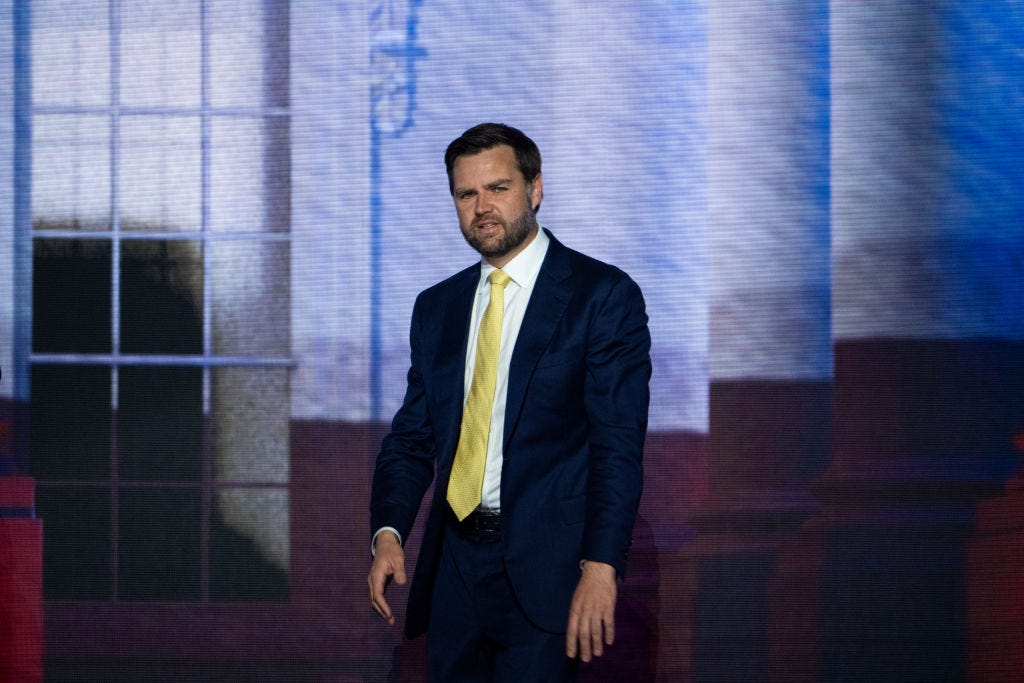 J.D. Vance at the Republican National Convention in Milwaukee on July 16, 2024. (Bill Clark/CQ-Roll Call, Inc via Getty Images.)