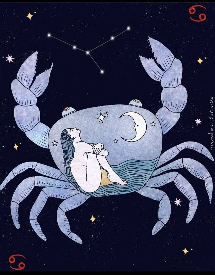 This may contain: a blue crab sitting on top of a star filled sky with the moon and stars above it