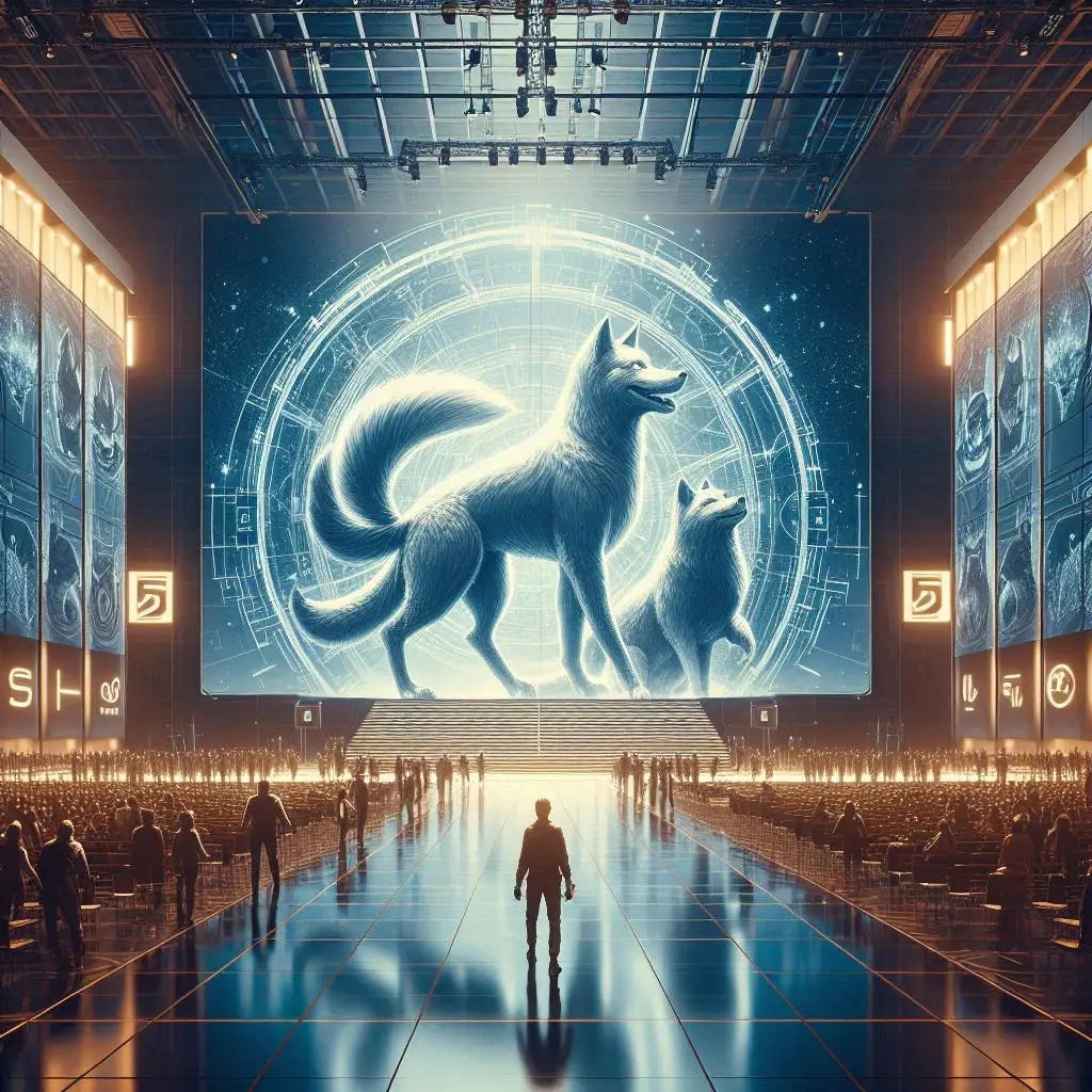 a dog with three tails center-stage of a convention center, sci-fi drawing