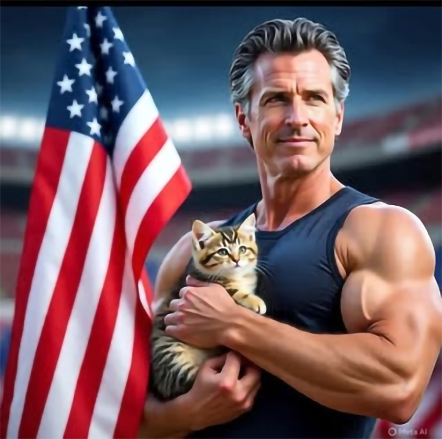 AI meme of a bulked up Newsom holding a cat AI meme of a bulked up Newsom holding a cat