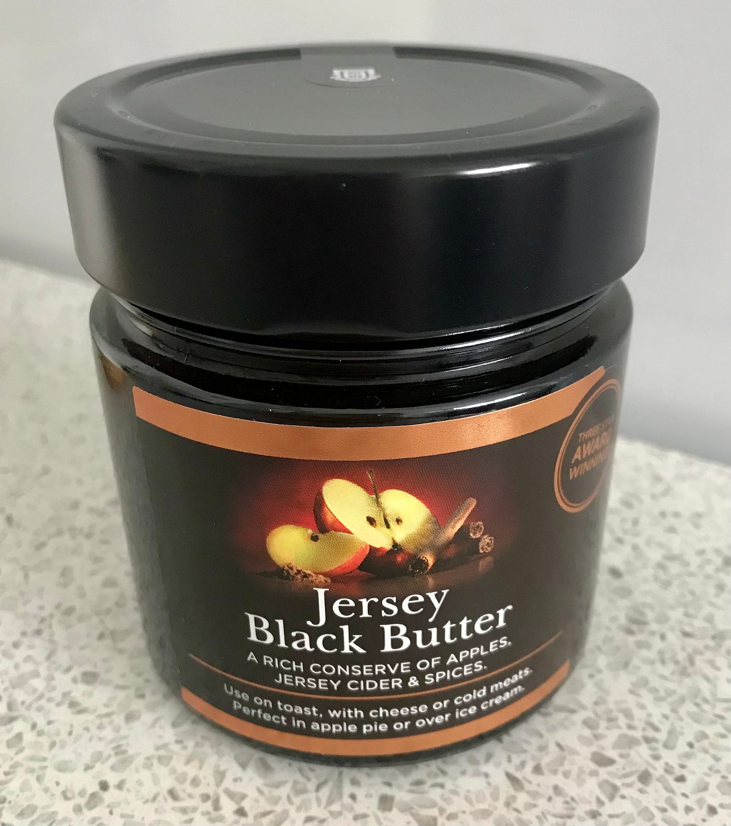 A jar of Jersey Black Butter, a rich conserve of apples, Jersey Cider and spices. A real treat and can be used in many recipes or on its own.