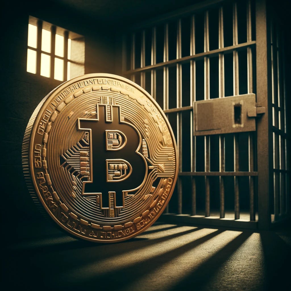 A symbolic image of cryptocurrency represented by a large Bitcoin coin behind prison bars. The background is a dimly lit prison cell with a heavy, locked door. The Bitcoin coin has a sad, distressed expression to emphasize its confinement. There are shadows and light streaks for a dramatic effect, highlighting the sense of imprisonment and restriction.