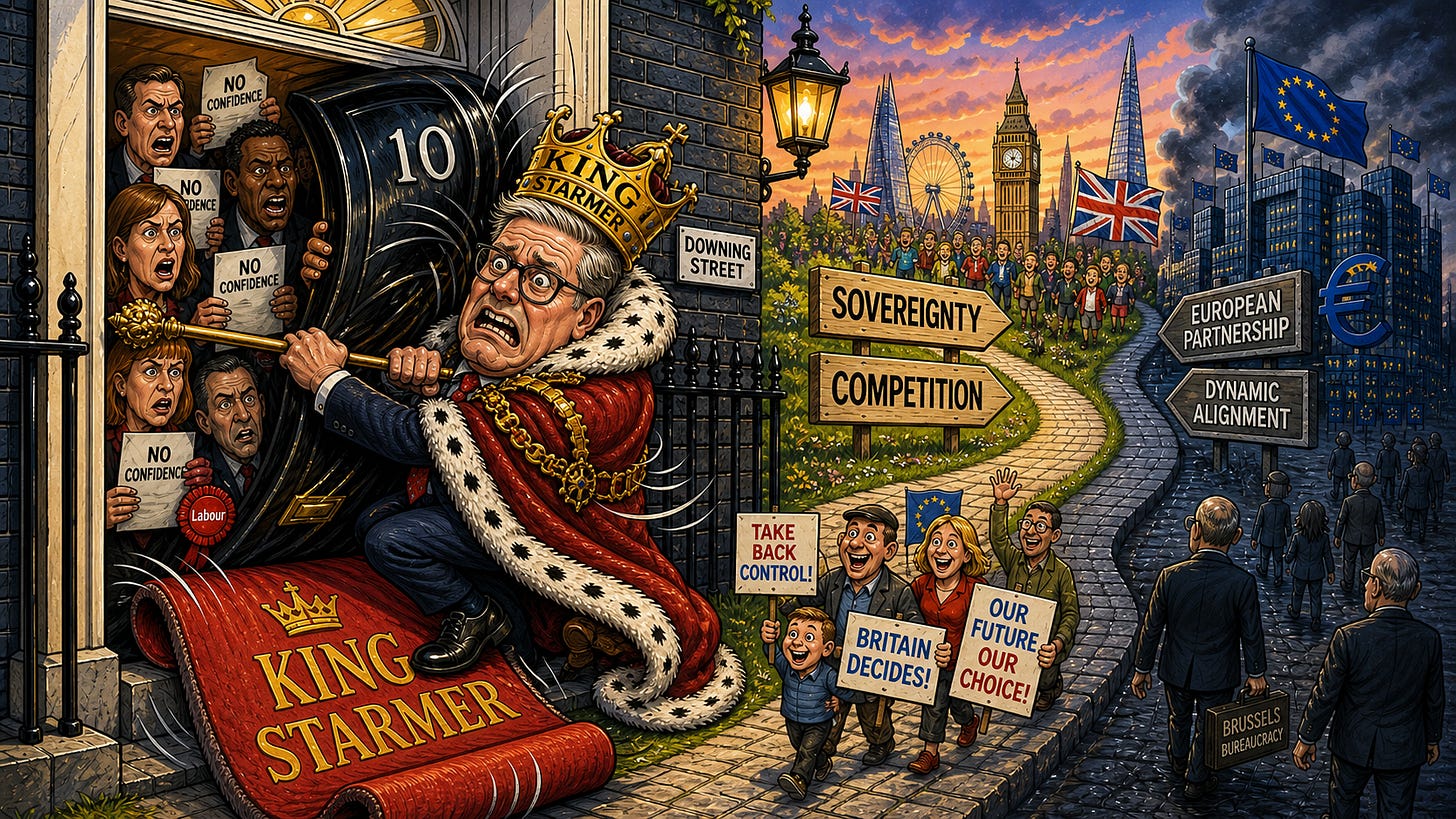Cartoon of King Starmer clinging to No.10 with a plain crown as he drags Britain back toward the EU path.