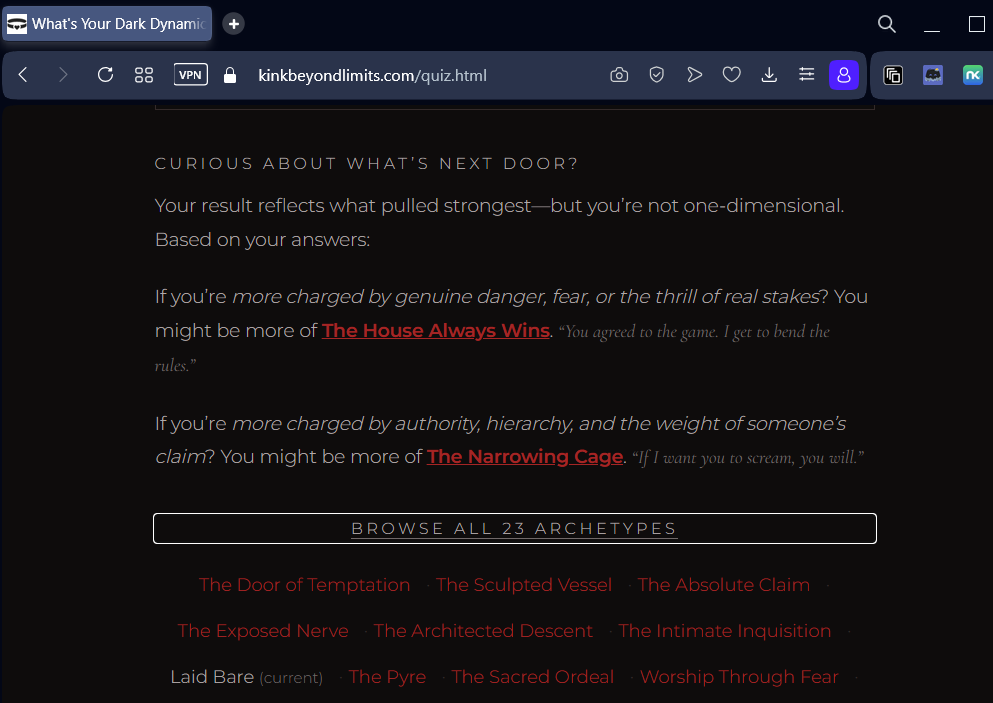 A screenshot of the "Curious About What's Next Door?" section of the Dark Dynamic Archetype Quiz results page, showing the runner-up results of The House Always Wins and The Narrowing Cage.