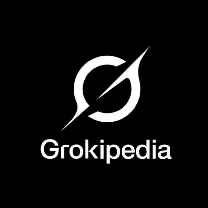 Black background with a white circular emblem featuring a diagonal line extending from the bottom left to top right across the circle. Below the emblem, the word Grokipedia is written in white capital letters.