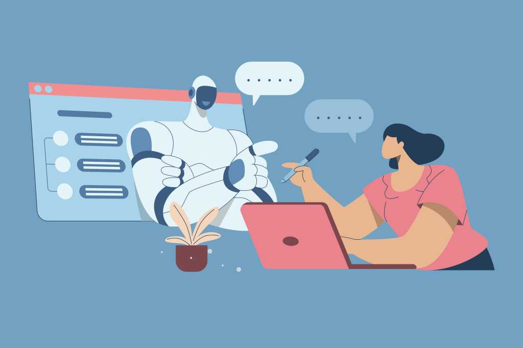 Shutterstock 2469670095 Woman talking to robot Ask questions and get answers in the chatbot service. Chatbot AI online communication, Automated text or voice conversations, Increasing efficiency in business, Vector design. vibe coding, AI assistant