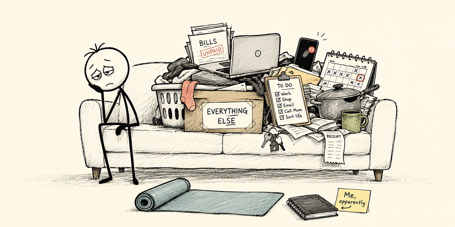 A tired stick figure sits on the edge of a sofa crowded with laundry, bills, work items, and life admin, while an unused notebook and exercise mat sit on the floor nearby.