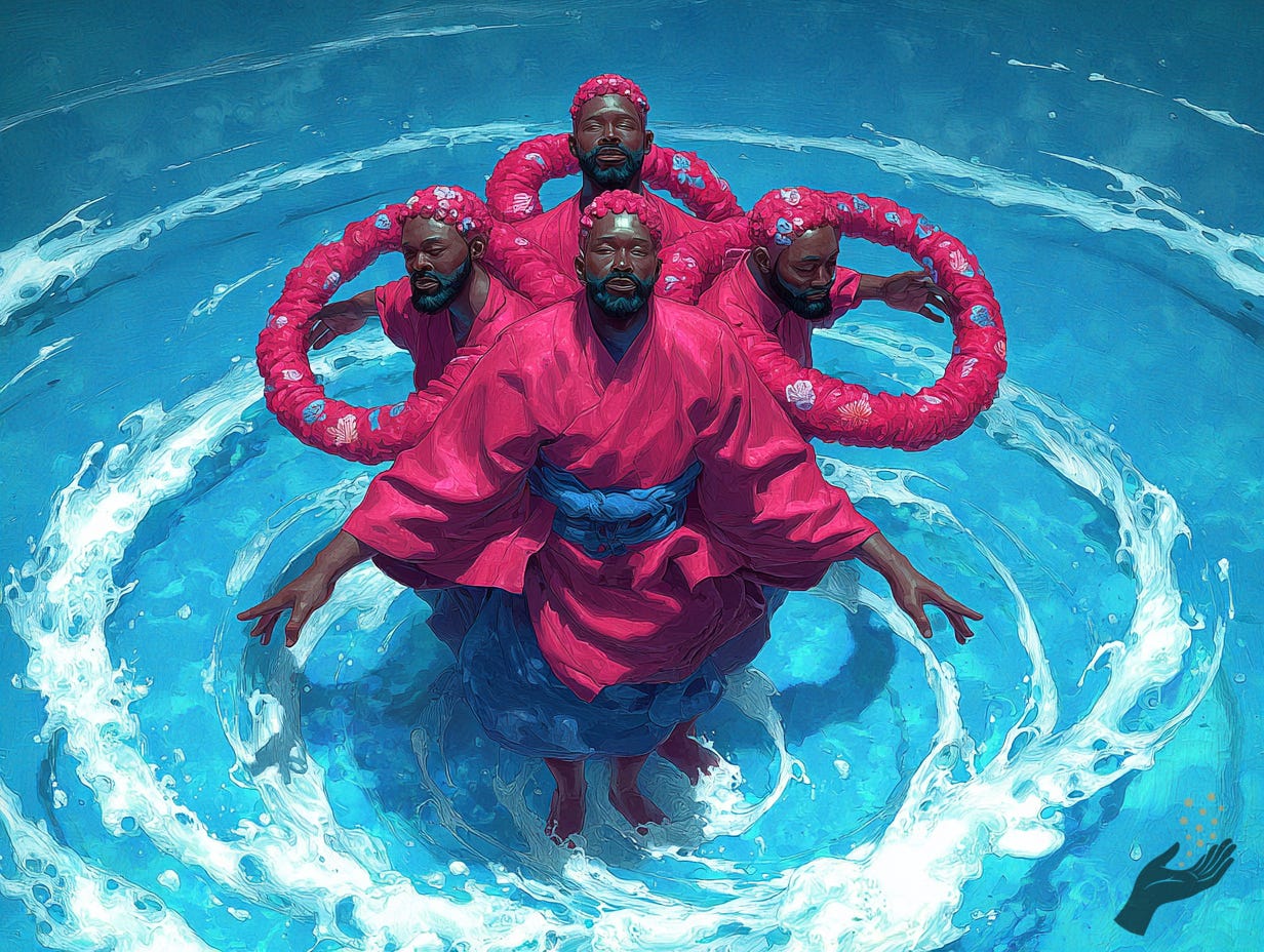 A central figure in a bright pink robe stands in blue water with arms extended, while repeated figures appear behind and large pink looped floral rings circle around them.