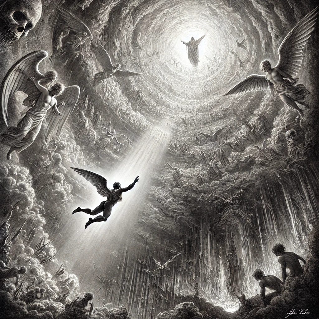 A 2D pencil sketch depicting Satan falling from Heaven to Hell in John Milton's Paradise Lost, shown from a distance. Satan's figure is curled in anguish and defeat, appearing small against the vast celestial backdrop. Above, Heaven radiates divine light, with majestic angels standing triumphant and serene. Below, a dark, chaotic abyss awaits, filled with fiery shadows and swirling turmoil. The composition emphasizes the immense distance and scale of his fall, with fine pencil strokes detailing the stark contrast between the serene Heaven and the menacing Hell. The image conveys both the grandeur of the epic scene and Satan's isolation and despair.