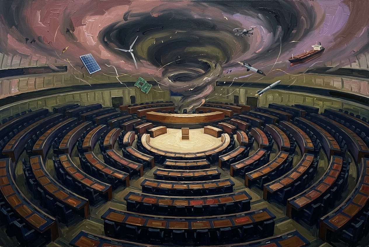 An empty assembly hall seen from high above, its curved rows of delegation desks bending into a spiral that draws inward towards a single raised speaker's rostrum, so the chamber itself is the vortex. Above the hall the ceiling dome is breaking open into a slow storm spiral, and loose threads of light, a small solar panel, a wind-turbine blade and a fragment of circuit board drift in the air currents, tying the image to the four tests of power the article names. The rostrum is lit and the seats are dark: a stage that everyone still comes to, while the forces overhead move on their own. Rendered as a dark oil painting with heavy chiaroscuro, unlike the flat aerial illustration used on recent pieces. No people or faces, no flags, no emblems, no text. An empty assembly hall seen from high above, its curved rows of delegation desks bending into a spiral that draws inward towards a single raised speaker's rostrum, so the chamber itself is the vortex. Above the hall the ceiling dome is breaking open into a slow storm spiral, and loose threads of light, a small solar panel, a wind-turbine blade and a fragment of circuit board drift in the air currents, tying the image to the four tests of power the article names. The rostrum is lit and the seats are dark: a stage that everyone still comes to, while the forces overhead move on their own. Rendered as a dark oil painting with heavy chiaroscuro, unlike the flat aerial illustration used on recent pieces. No people or faces, no flags, no emblems, no text.