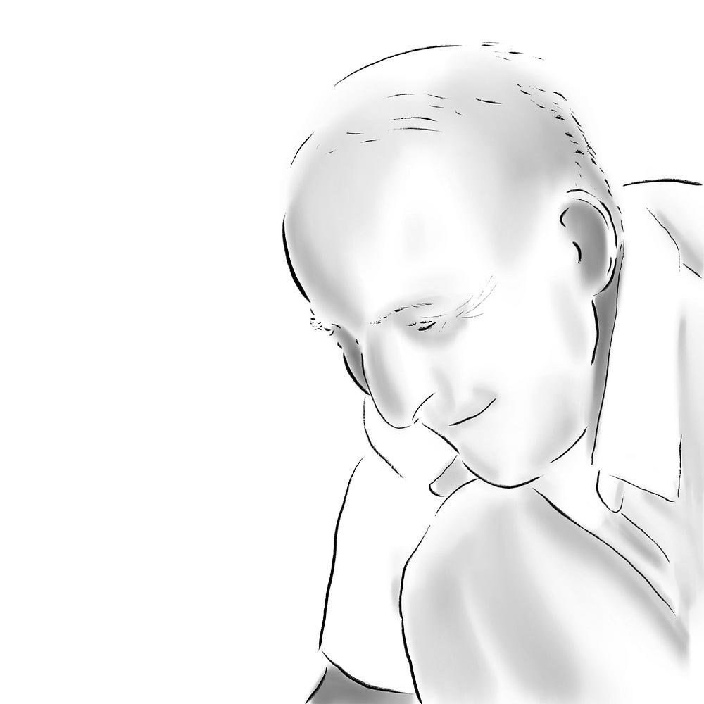 A line drawing of an older man looking down with a smile.