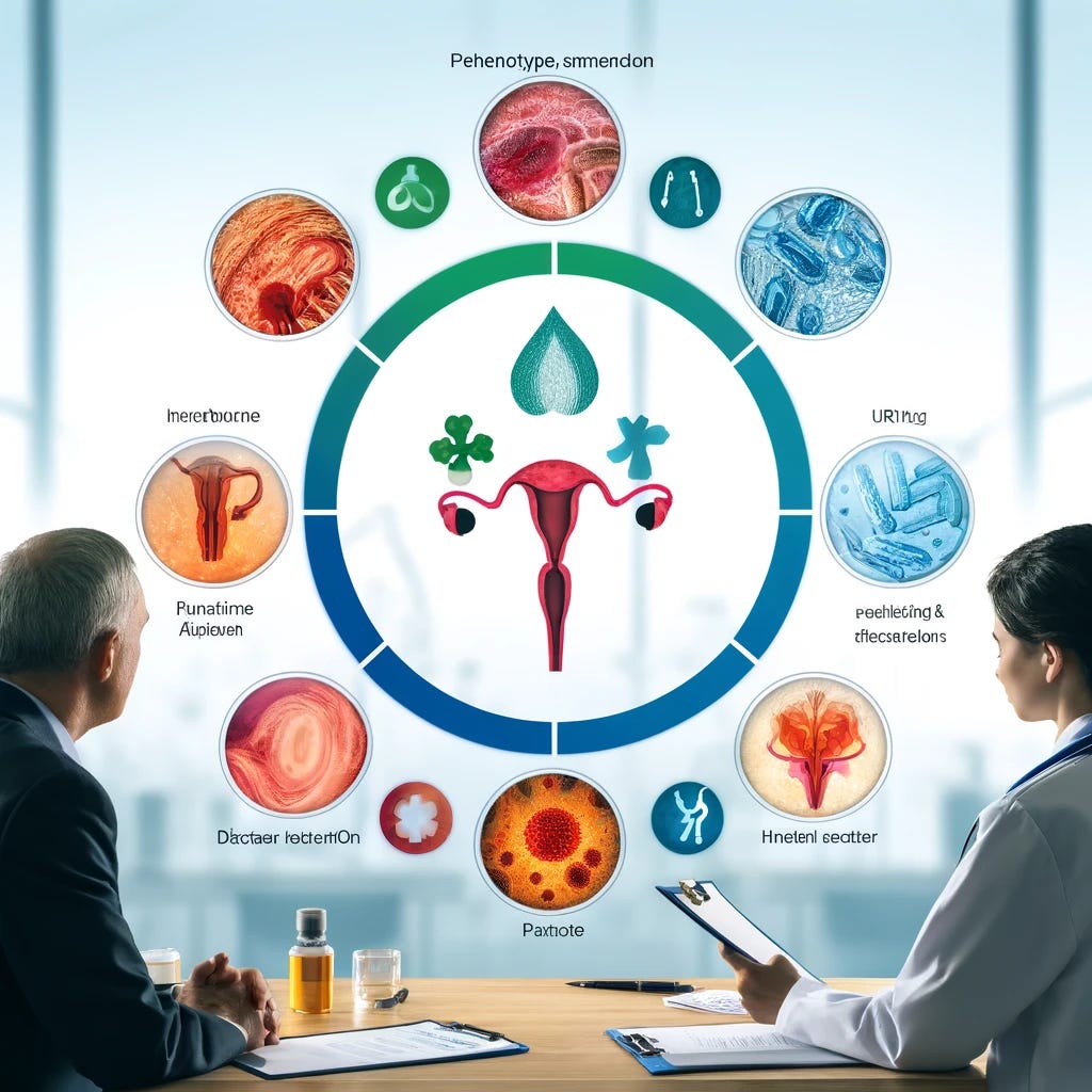 A detailed and informative image depicting the new approach to diagnosing urinary tract infections (UTIs). The image should illustrate five distinct phenotype categories represented by different colored icons or symbols, each category showing a variety of symptoms and bacteria levels. The background should feature a clinical setting with a doctor and patient discussing the new diagnostic method, highlighting a sense of collaboration and advanced medical research. Ensure the image is clear and accessible, appealing to both healthcare professionals and patients.