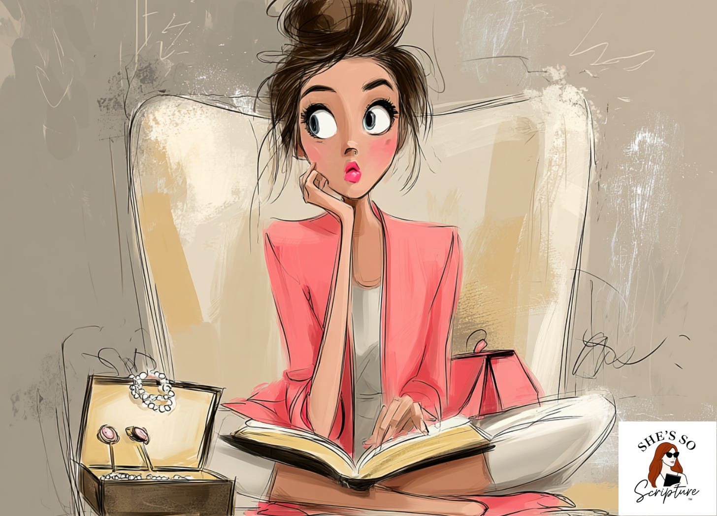 Whimsical fashion illustration of a woman reading a Bible beside an open jewelry box, blush pink and cream watercolor tones Whimsical fashion illustration of a woman reading a Bible beside an open jewelry box, blush pink and cream watercolor tones