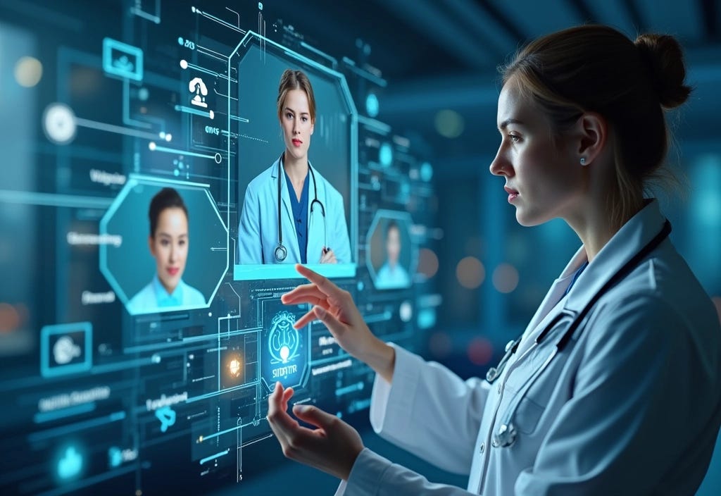 A futuristic telemedicine setup with AI diagnostics and wearable health monitoring