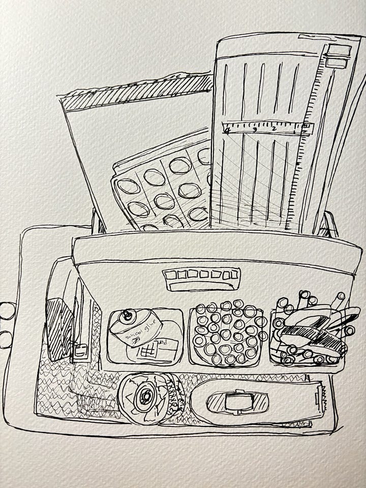 Aerial view of art cart; black-and-white pen sketch of art cart by author