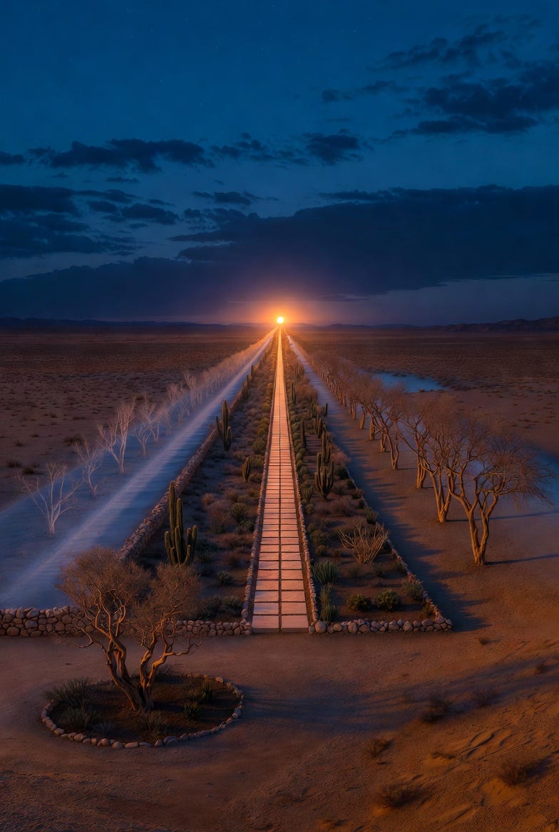 A surrealist photograph of a desert twilight scene with a central garden path, evoking isolation and tranquility.