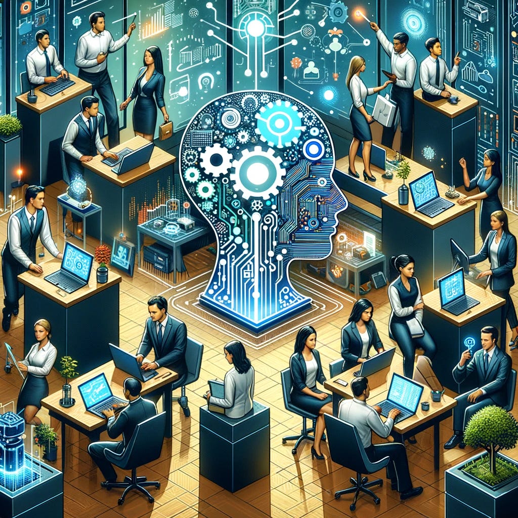 Illustrate the concept of merging Artificial Intelligence (AI) with traditional team dynamics in a modern work environment. Picture a collaborative space where AI technologies like machine learning models, data analytics platforms, and intelligent automation tools are seamlessly integrated with human teamwork and communication. The scene should depict team members from diverse backgrounds utilizing AI to enhance decision-making, foster innovation, and streamline workflows. Highlight the coexistence of technology and human intuition, emphasizing the balance between AI's precision and human creativity in driving organizational success.