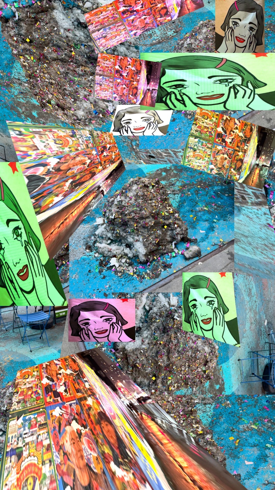 collage of topokki snack girl over multiple pics of a dirty snow bank with confetti on it
