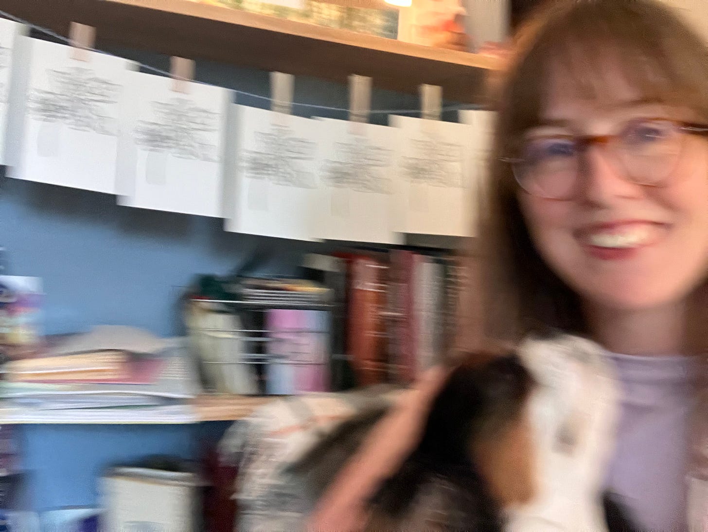 A blurry photo of Jenny and me. I'm a white woman wearing glasses. Jenny is a small Cavalier King Charles Spaniel, and she is in my lap looking at me. A row of prints hangs behind me on a blue wall.