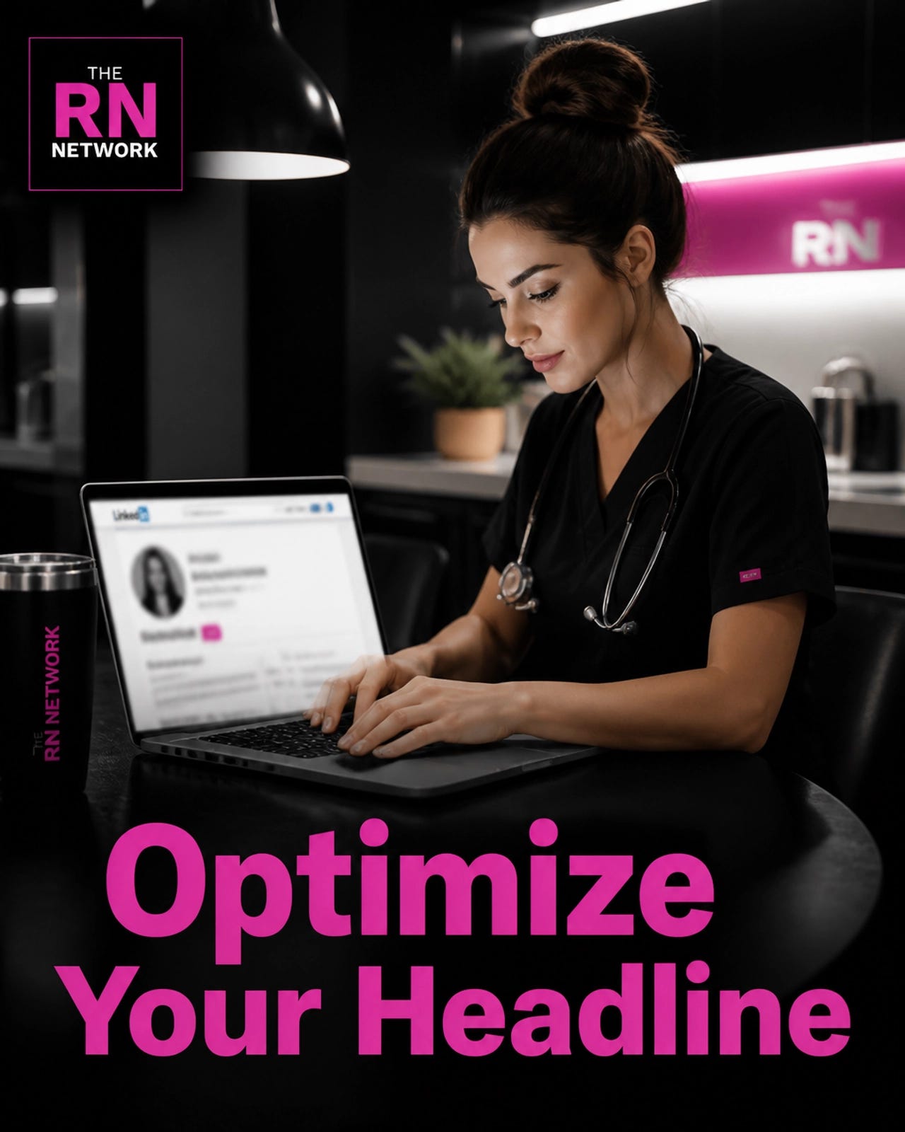 A nurse in black scrubs working on a laptop, optimizing her LinkedIn profile