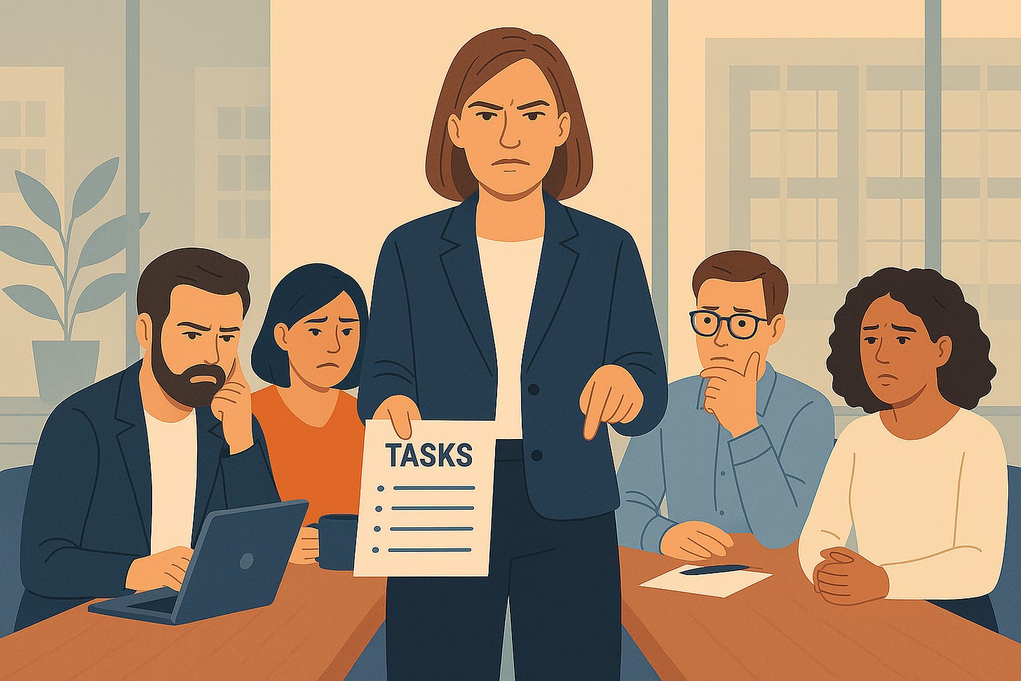 A modern office worker sitting at a desk, showing a complex mix of resistance, anger, and calculation on their face. The expression includes furrowed brows, a tense jaw, and eyes filled with both frustration and contemplation. The worker’s hand is tapping the desk or chin, highlighting internal struggle and scheming. The background is blurred to focus on the nuanced emotions of the employee.