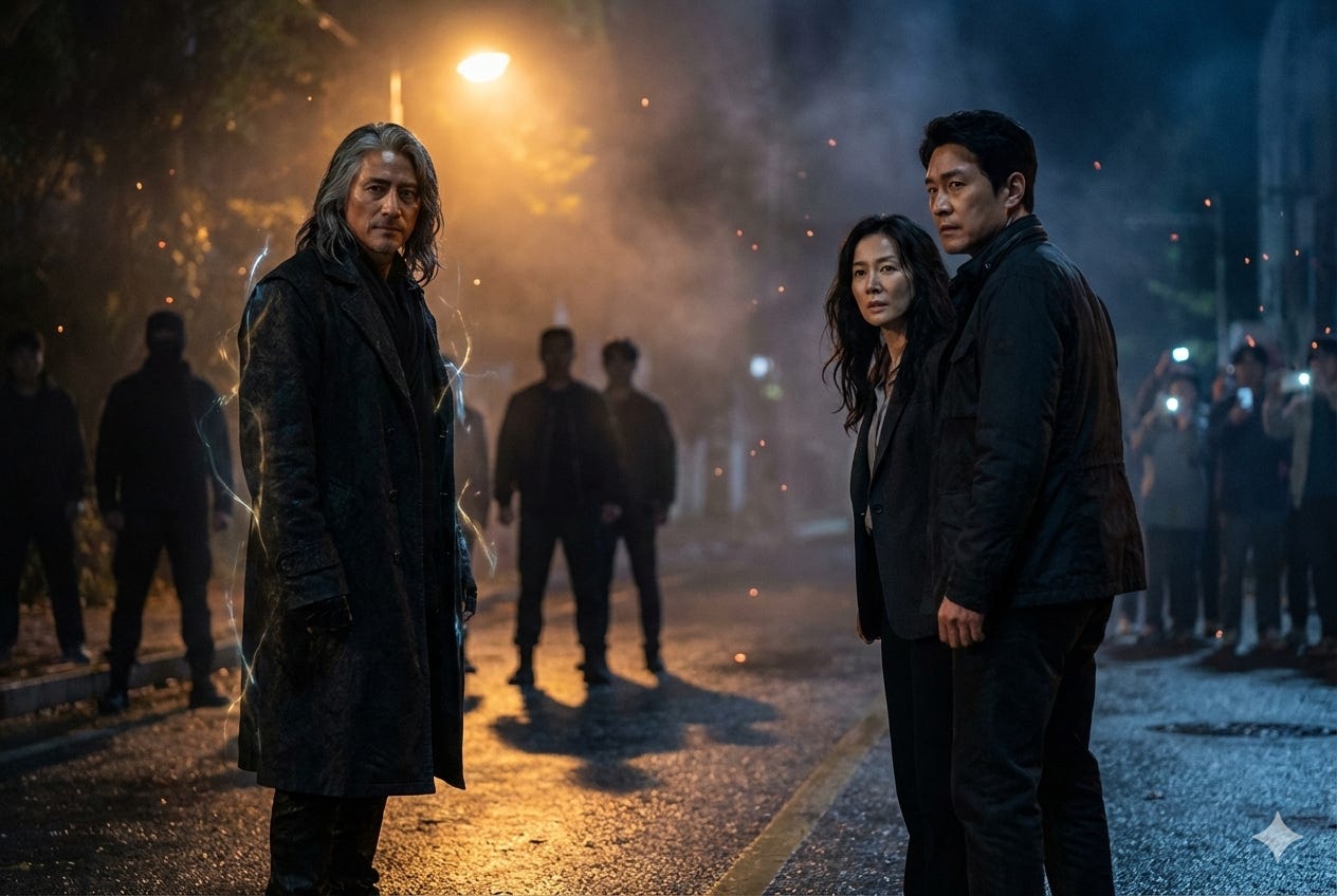 At night on a smoke-filled city street, Seung-min Cho stands facing a tense couple—Goo’s parents—while faint arcs of magic flicker along his dark coat. Streetlights cast a warm glow over drifting embers in the air. Behind them, shadowed figures from the Circle of Thorns linger, and a small crowd of onlookers records the confrontation on their phones, underscoring the public stakes of the standoff.