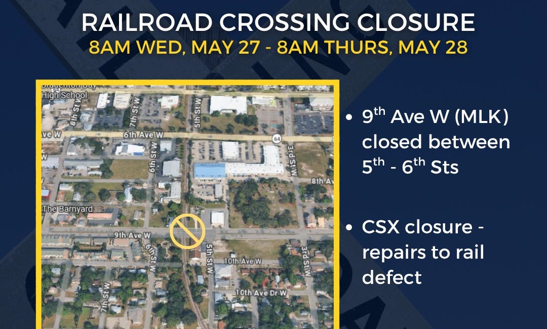 CSX Railroad Crossing Closure to Impact 9th Avenue West Traffic in Bradenton