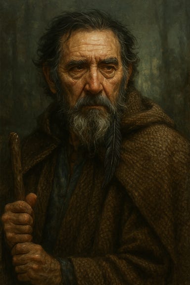 Portrait of Davian Martikov from Curse of Strahd, visually based on Ciarán Hinds. He is a weathered, stern man in his sixties with deep-set gray eyes, a braided raven feather in his beard, and a cloak mottled like bark. He stands in a dim wine cellar lit by a flickering hearth, holding a staff carved from a broken barrel stave. His expression is grim but resolute, surrounded by cracked barrels and stone walls. Portrait of Davian Martikov from Curse of Strahd, visually based on Ciarán Hinds. He is a weathered, stern man in his sixties with deep-set gray eyes, a braided raven feather in his beard, and a cloak mottled like bark. He stands in a dim wine cellar lit by a flickering hearth, holding a staff carved from a broken barrel stave. His expression is grim but resolute, surrounded by cracked barrels and stone walls.