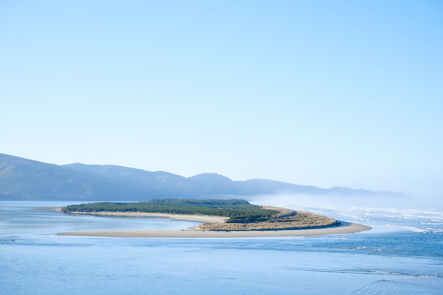 Aeriel view of netarts spit, a land formation on the Oregon Coast.