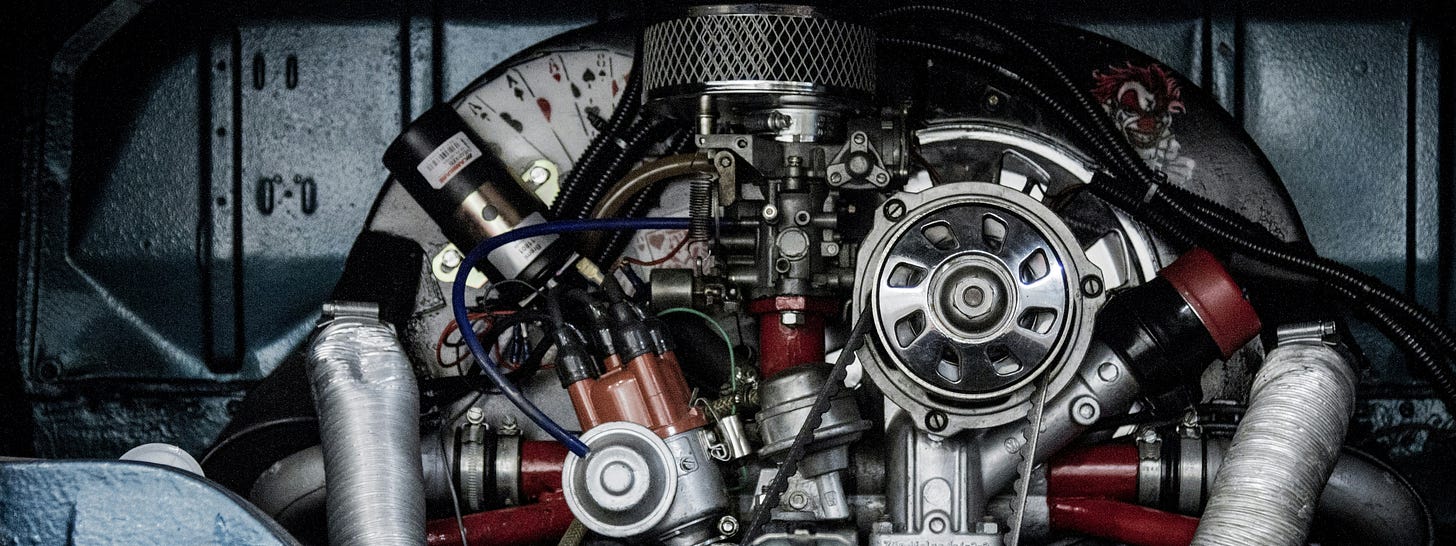 The engine of a van, shot from overhead The engine of a van, shot from overhead
