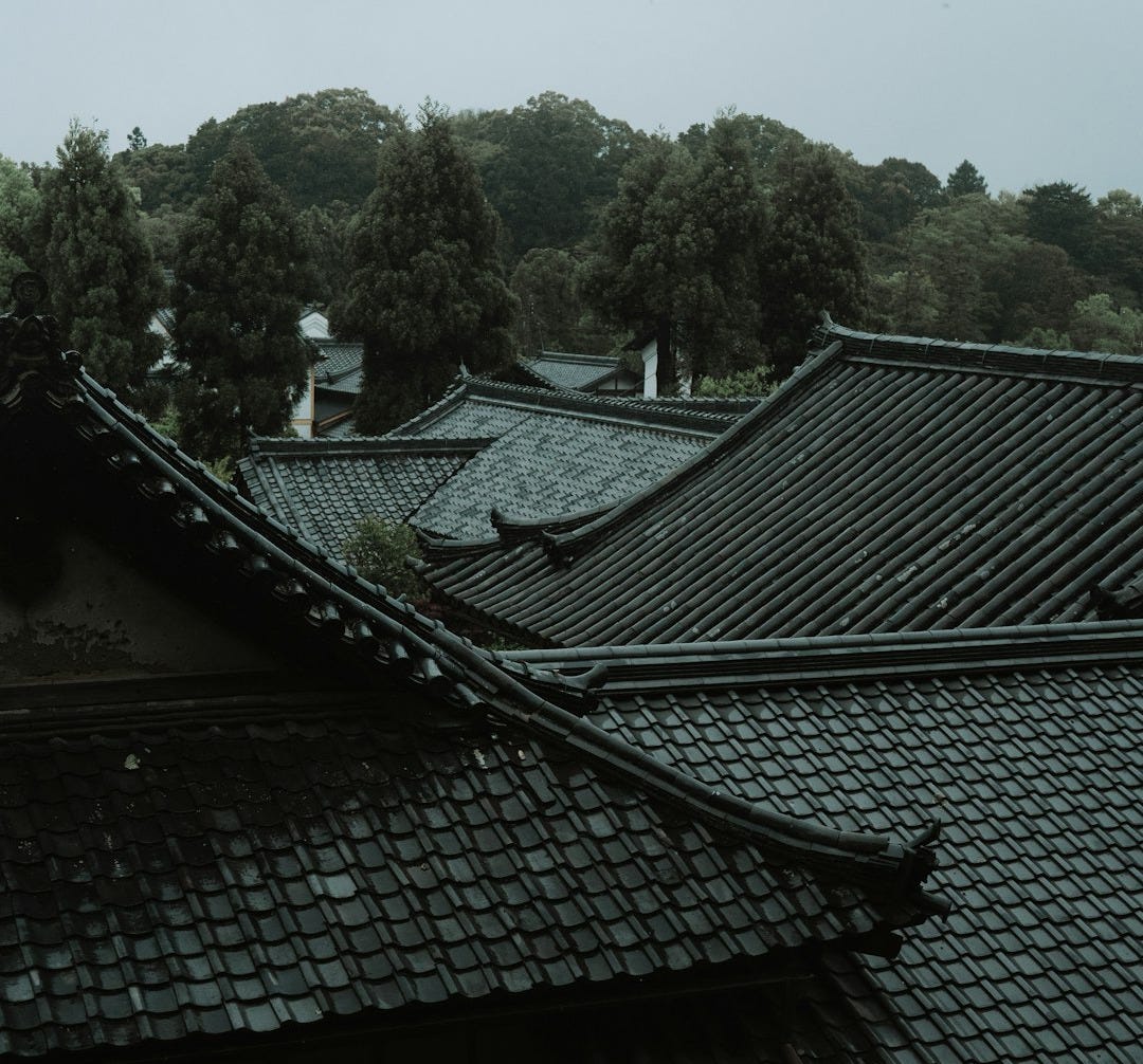 the roof of a building with trees in the background the roof of a building with trees in the background