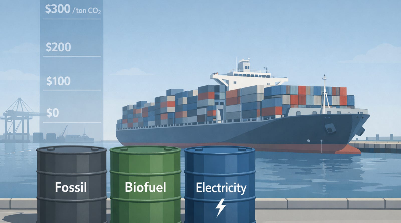Illustration of maritime shipping fuel economics under carbon pricing, showing ships, fuel costs, emissions constraints, and electrification pressure.