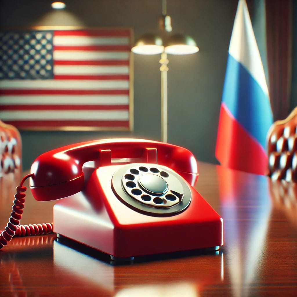 Red telephone on a desk with US and Russian flags in the background