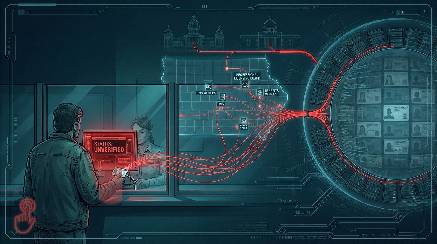 Illustration of an Iowa driver at a DMV counter, his license sending red data streams into a map of Iowa agencies and then into a giant spherical federal database in the background. This cover image is a clickable link that opens an interactive web exhibit explaining how Iowa’s SAVE/Nlets pipeline works.