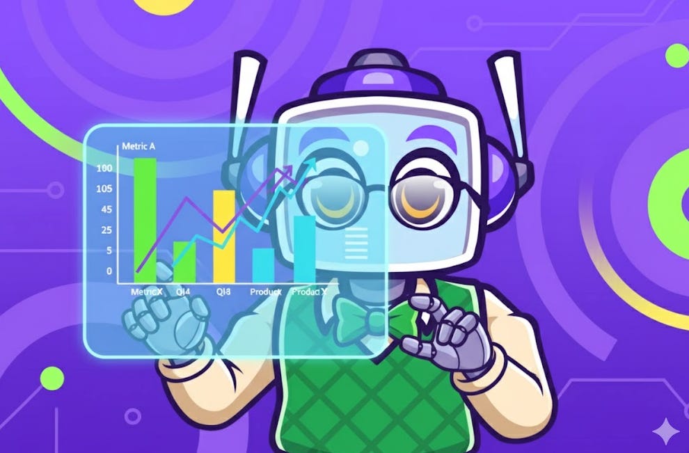 A rectangular image featuring the Neuralbuddy character, a light blue robot with purple accents and glasses, pulling up a comparative analysis on a screen. The background is a creative gradient pattern in shades of purple, green, and yellow, filling the entire canvas.