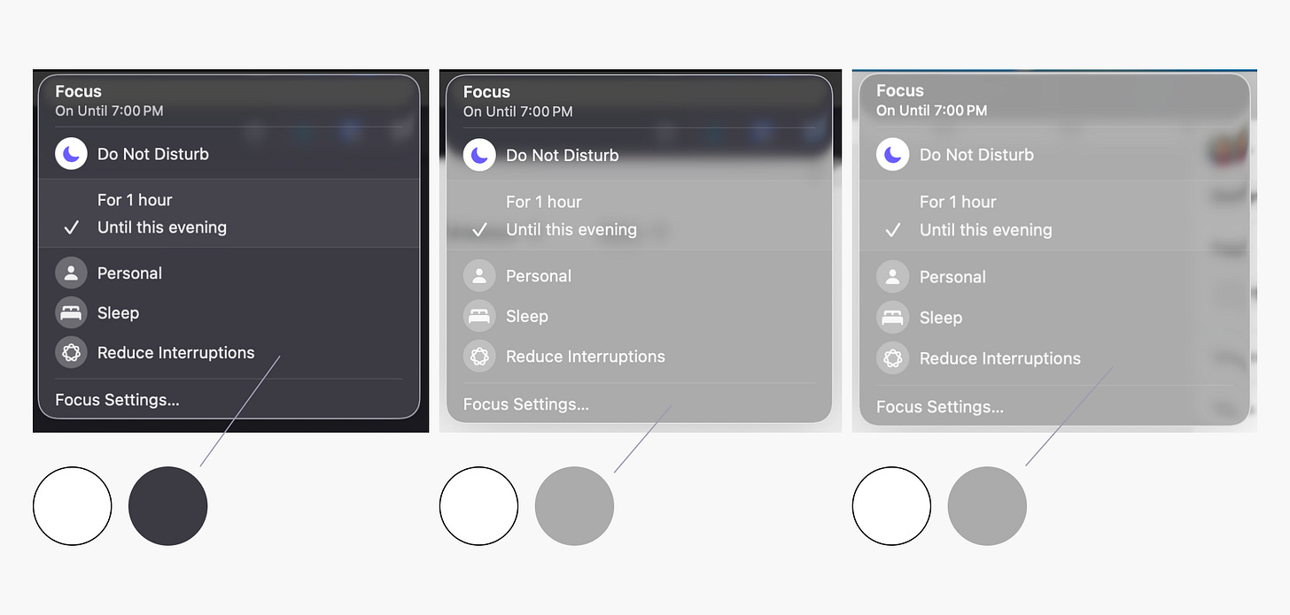Focus menu on MacOS 26 showing Do Not Disturb mode active until this evening, three versions: dark, grey, and white backgrounds