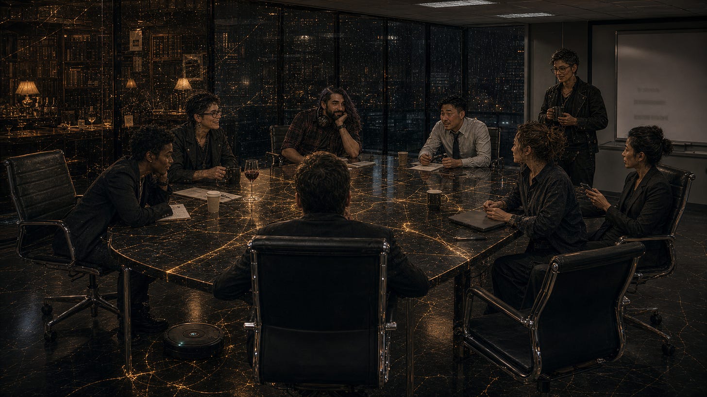 Two Cyberneticists in casual wear in a Silicon Valley board room. The Roomba is doing the perimeter. Fiction is leaking into reality.