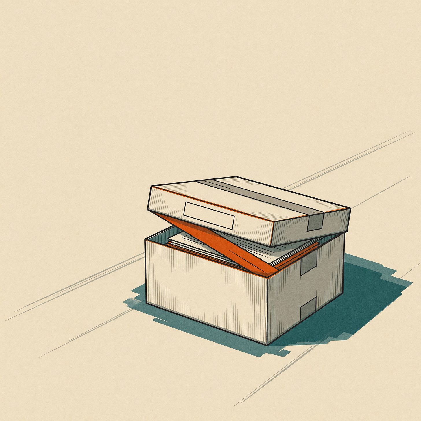 Illustration of a single sealed cardboard document box alone on a bare floor, lid slightly ajar, a thin band of orange visible in the gap where papers inside catch the light