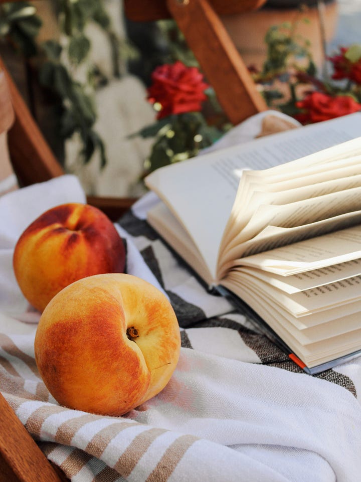 Peaches and an open book. Baguette and vegetables poking out of a tote. Photos by Nataliya Melnychuk and Ginny Rose Stewart via Unsplash.