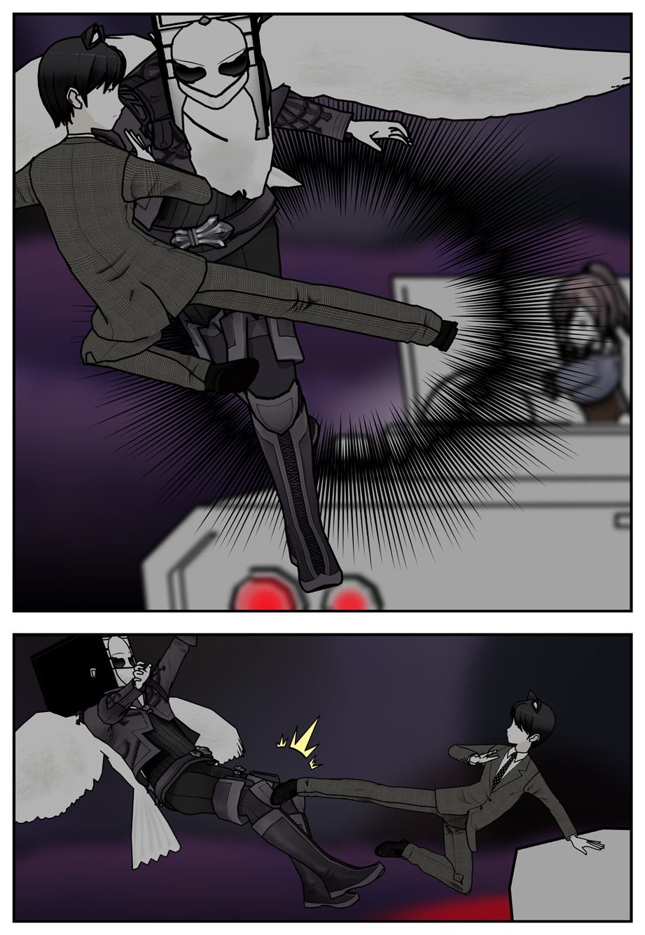 Ace kicks the robot away and grabs onto the back of the moving car. Ace kicks the robot away and grabs onto the back of the moving car.