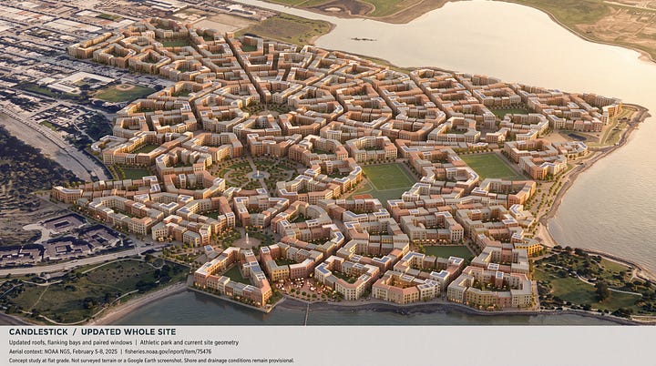 Side-by-side aerial concepts of Candlestick: the current developer vision with larger office blocks and residential towers on the left, and a fine-grained neighborhood of courtyard buildings and shared gardens on the right. Both face the bay; the courtyard-study original source and provisional-conditions footer is retained.