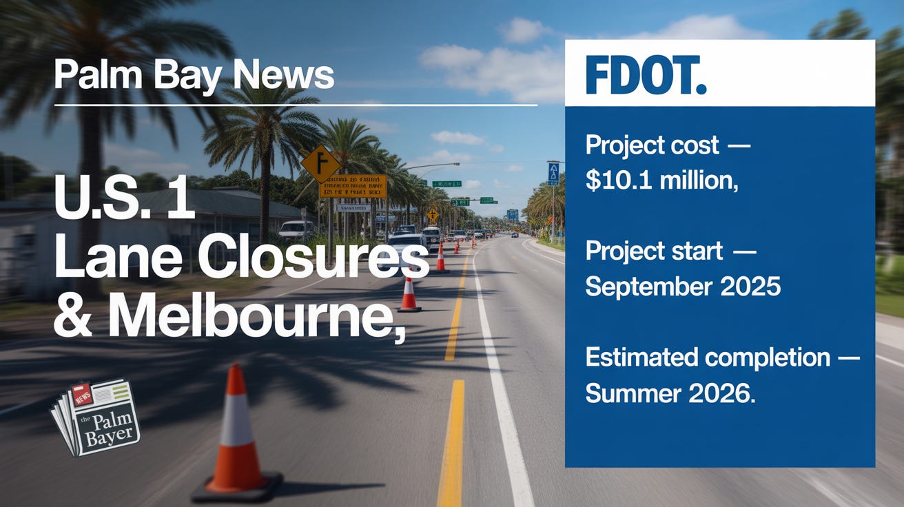 FDOT project graphic showing U.S. 1 lane closures in Melbourne and Palm Bay, with palm trees, orange cones, and project details about cost, start date, and completion timeline. FDOT project graphic showing U.S. 1 lane closures in Melbourne and Palm Bay, with palm trees, orange cones, and project details about cost, start date, and completion timeline.