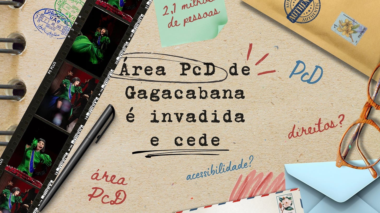 Fundo de folha de papel, com diversos elementos em cima, como post tis, óculos de grau, caneta, envelope e um filme de fotos reveladas da Lady Gaga. No meio, está escrito em letras de máquina "área PcD em Gagacabana é invadida e cede". Fundo de folha de papel, com diversos elementos em cima, como post tis, óculos de grau, caneta, envelope e um filme de fotos reveladas da Lady Gaga. No meio, está escrito em letras de máquina "área PcD em Gagacabana é invadida e cede".