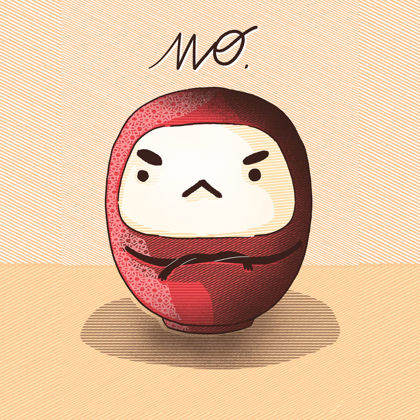 daruma rosso a braccia conserte e l'espressione comicamente accigliata su fondo pastello sovrastrato dalla parola "NO."