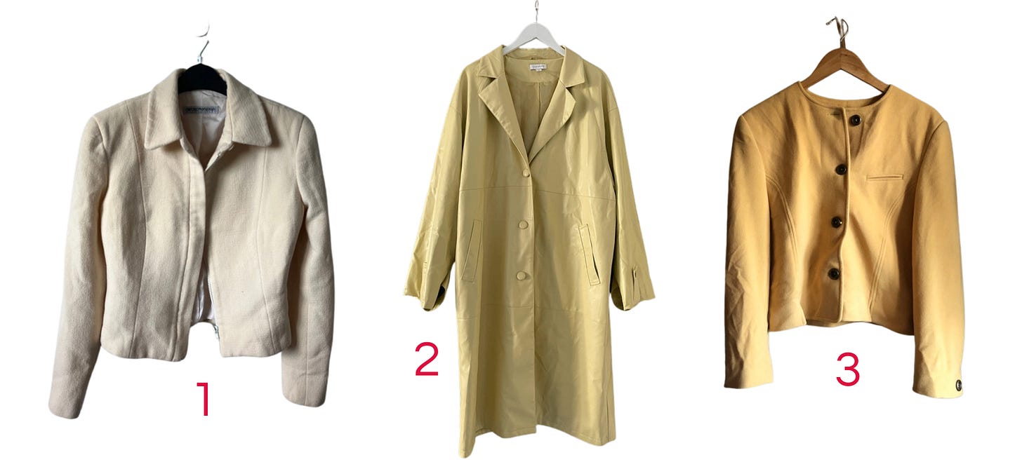 A short jacket with a pointed collar, a long yellow trench coat and a round-neck jacket with round black buttons